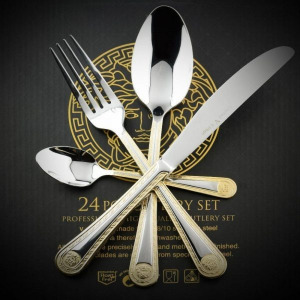 24 részes arany mintás evőeszköz készlet - elegáns étkészlet 6 főre, 3 fogásra