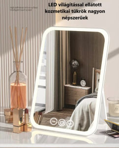 Érintős kozmetikai sminktükör, LED fényerő, támasztó, akkumulátor, fehér