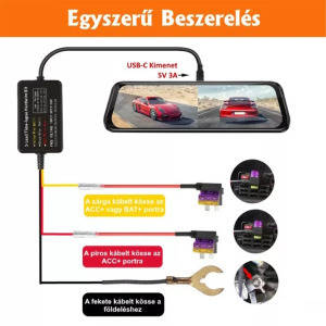 Autós Kameratöltő, biztosíték táblába köthető, 3.2 méter, 5V/3A, USB-C