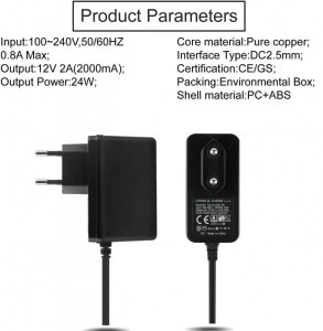 Hálózati adapter 12V/2A, 3.5/1.35mm csatlakozás,130cm, fekete