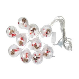 Karácsonyi LED fényfüzér gömbökkel, mikulás figurákkal, melegfehér, 3m