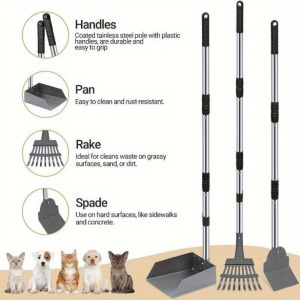 Kutyaürülék-felszedő - állítható hosszú nyél, tartós rozsdamentes acél gereblye és tálca