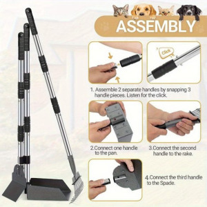 Kutyaürülék-felszedő - állítható hosszú nyél, tartós rozsdamentes acél gereblye és tálca