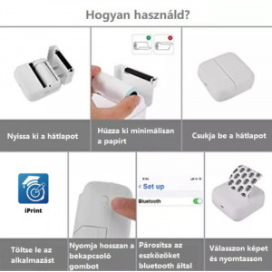 Hordozható akkumulátoros mini nyomtató, hőpapírral, bluetooth kapcsolattal