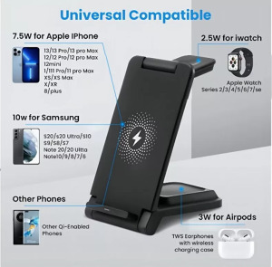 Vezeték nélküli töltő 3 az 1-ben, 15 W-os gyorstöltés, fekete