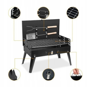 Összehajtható kerti kemping grillsütő, spatula, csipesz, és nyárs készlettel, 44 x 27 x 47 cm