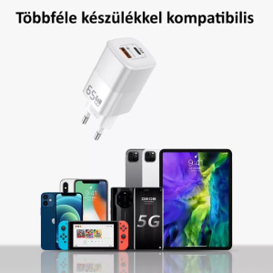 Univerzális GaN töltő adapter, 2 port, 50w , QC 3.0, 1xUSB, 1xUSB-C, fehér