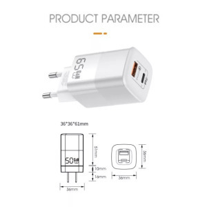 Univerzális GaN töltő adapter, 2 port, 50w , QC 3.0, 1xUSB, 1xUSB-C, fehér