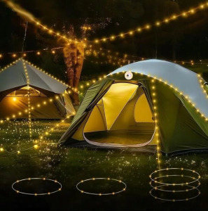 Akkumulátoros LED-es kempinglámpa 10m-es beépített ledszalaggal - meleg fényű, IPX4 vízállósággal