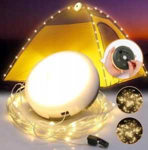 Akkumulátoros LED-es kempinglámpa 10m-es beépített ledszalaggal - meleg fényű, IPX4 vízállósággal