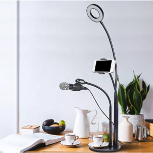 Asztali LED Selfiering, 3 színhőmérséklet, telefon/mikrofontartó távirányító