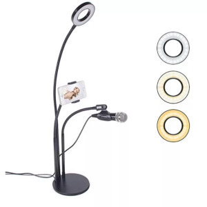 Asztali LED Selfiering, 3 színhőmérséklet, telefon/mikrofontartó távirányító