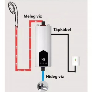LED kijelzős átfolyós vízmelegítő zuhanyfejjel, 3,5 kW