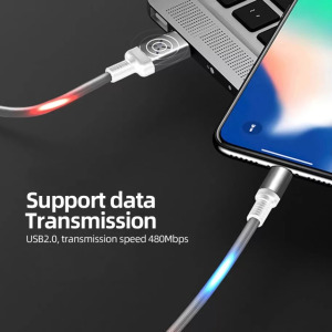 Adat-és töltőkábel, MicroUSB/USB, villogó fénnyel, 2A,1 méter, fekete