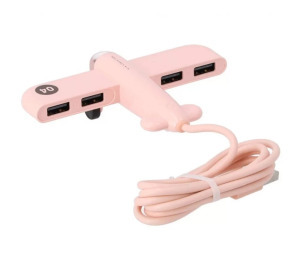 PL4 USB elosztó (USB2.0 -> 4xUSB2.0), repülőgép alakú, 4 portos USB2.0 pink