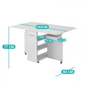 Összecsukható gurulós asztal polcokkal, kinyitható asztallappal, fehér