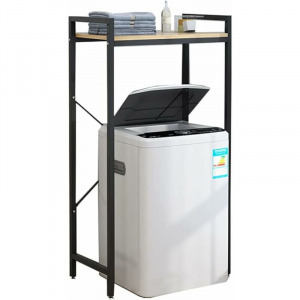 Elite Home masszív fém fürdőszobai polc felültöltős mosógép fölé fa polccal, fekete - 120 cm