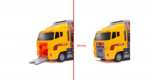 Munkagép szállító kamion, 6db fém építőipari munkagéppel