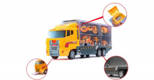 Munkagép szállító kamion, 6db fém építőipari munkagéppel