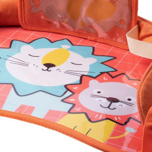 Gyerekülés asztal autóba, babakocsihoz, etetőszékhez - narancssárga, oroszlános