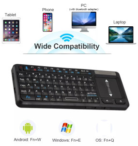 Vezeték nélküli billentyűzet, beépített érintőpanel, Bluetooth V4.0, fekete