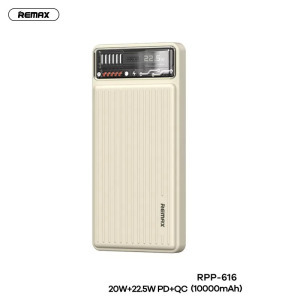 Remax Powerbank, 10000mAh, külső akkumulátor, 22.5W, Quick Charge, bézs