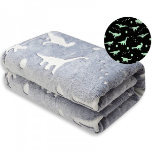 Sötétben világító, dínós plüss takaró gyerekeknek - szürke, 160x105 cm
