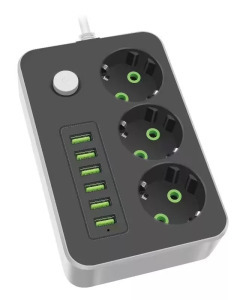 Hálózati hosszabbító, 3db aljzat,6db USB port, 2m kábel, 2500W