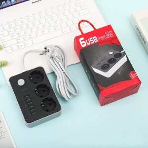 Hálózati hosszabbító, 3db aljzat,6db USB port, 2m kábel, 2500W