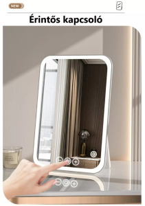 Érintős kozmetikai sminktükör, LED fényerő, támasztó, akkumulátor, pink