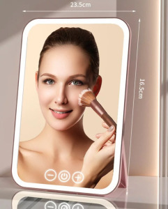 Érintős kozmetikai sminktükör, LED fényerő, támasztó, akkumulátor, pink