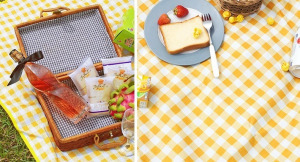 Összehajtható piknik takaró, strandszőnyeg, sárga kockás