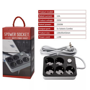 Hálózati hosszabbító elosztó, 5db földelt aljzat, 1.8m kábel, 10A 2500W