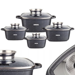 8 db Hemberg tapadásmentes, négyzet alakú edény készlet, alumínium, fekete, 2,8L/3,5L/4,4L/5,5L