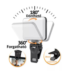 Hordozható szelfi LED, telefon-/laptophoz, fényerő, színhőmérséklet, fekete