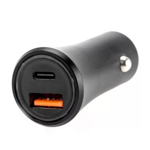 Szivargyújtós USB töltő, 1xUSB-C, 1xUSB, gyorstöltés 5V/3A, max 18W, fekete