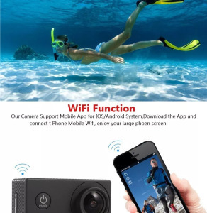 WiFi Sportkamera, 12MP akciókamera, Full HD, 60FPS, 30m vízálló, A+ 170°, fekete