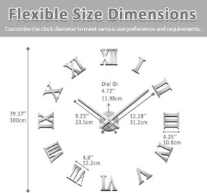 Nagyméretű DIY modern halk falióra -3D öntapadós római számos, ezüst