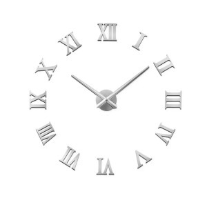Nagyméretű DIY modern halk falióra -3D öntapadós római számos, ezüst