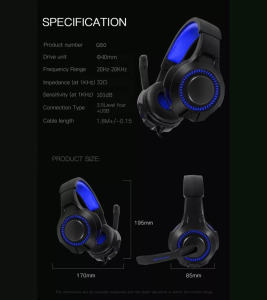 Gamer fejhallgató, USB, 3,5mm jack vezetékes, hangerőszabályzó, kék