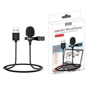 Lavalier sztereó mikrofon, csiptetős, USB-A, szélzaj-védő szivacs, fekete