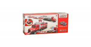 Autószállító kamion kihajtható versenypályával, kilövő állomással, világító fényszórókkal, 6db autó