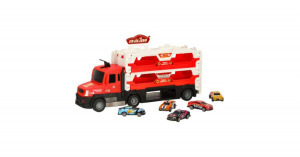 Autószállító kamion kihajtható versenypályával, kilövő állomással, világító fényszórókkal, 6db autó