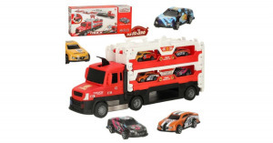 Autószállító kamion kihajtható versenypályával, kilövő állomással, világító fényszórókkal, 6db autó