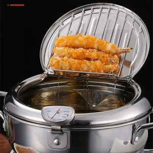 Japán stílusú rozsdamentes tempura olajsütő hőmérővel
