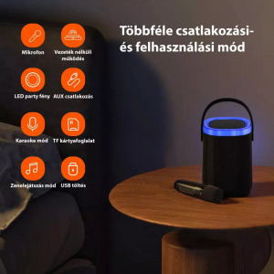 Vezeték nélküli Bluetooth party hangszóró mikrofonnal, LED fénnyel