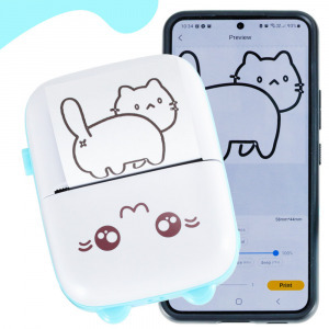 Hordozható Bluetooth mini hőnyomtató - kék cica