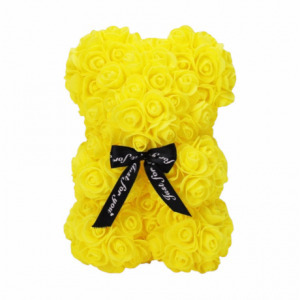 Rózsa maci, örök virág maci díszdobozban 25 cm - sárga