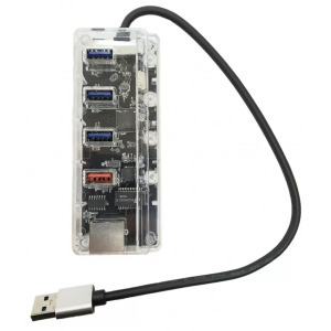 USB Hub Elosztó/Töltő, 5 portos, USB-A -> 3xUSB3.0, 1xQC2.0 töltő, 1xRJ-45