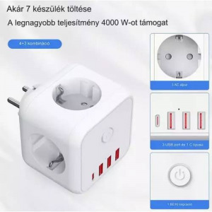 7 az 1-ben kábel nélküli hálózati aljzat, 3 utas 3 USB-A és 1 C típusú - 5V/3,4A
